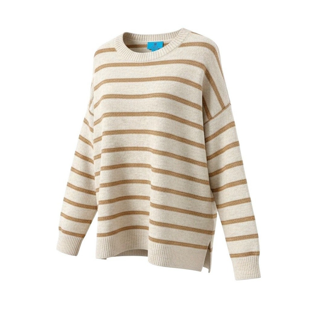 CeCe Womens Cream Gold Metallic Striped Crewneck Sweater Size Small Relaxed Fit